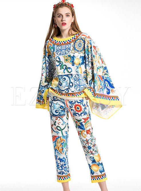 Vintage Print Batwing Sleeve Two-piece Outfits