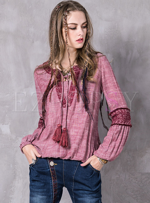 Chic Embroidery Lantern Sleeve Blouse