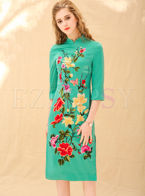 Green Embroidered Improved Cheongsam Dress