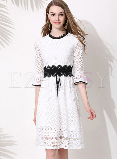 White Elegant Lace Flare Sleeve Skater Dress