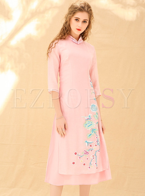 Pink Stand Collar Embroidered Shift Dress