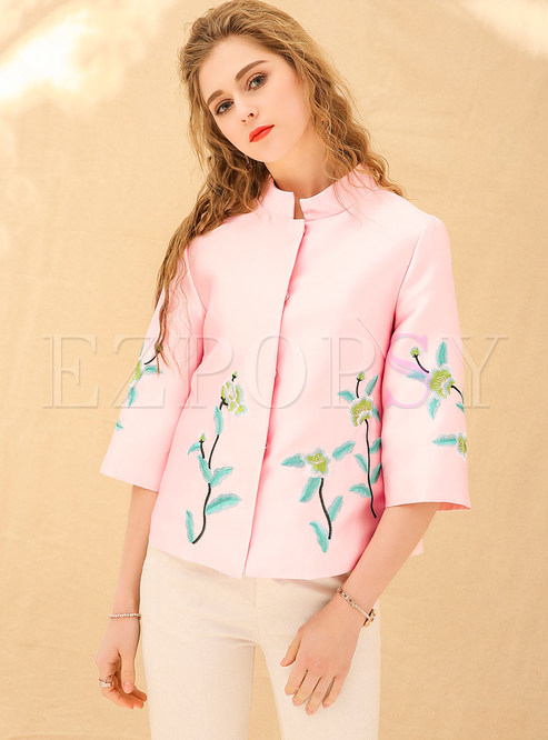 Pink Ethnic Three Quarters Sleeve Embroidered Coat