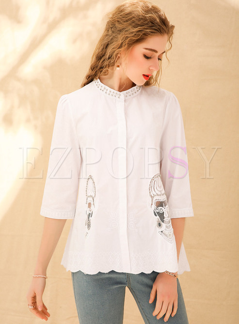 White Nail Bead Stand Collar Blouse