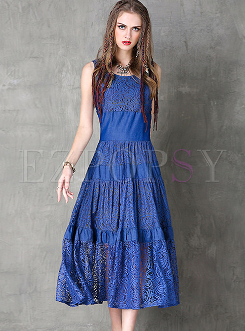 Blue Sleeveless Lace Slim Maxi Dress