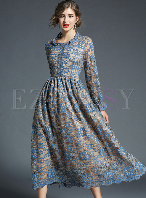 Blue Lace Embroidered Maxi Dress