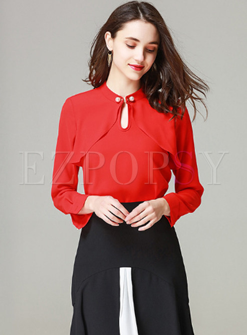 Tops | Blouses | Red Fashion Slim Stand Collar Blouse