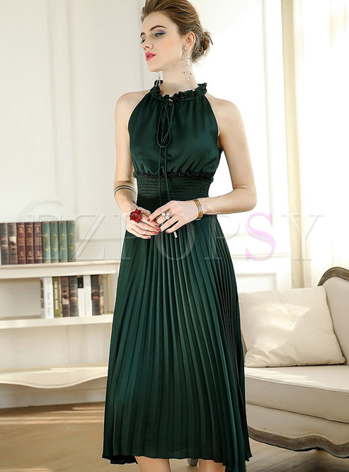 Green High Waist Sleeveless A-line Dress