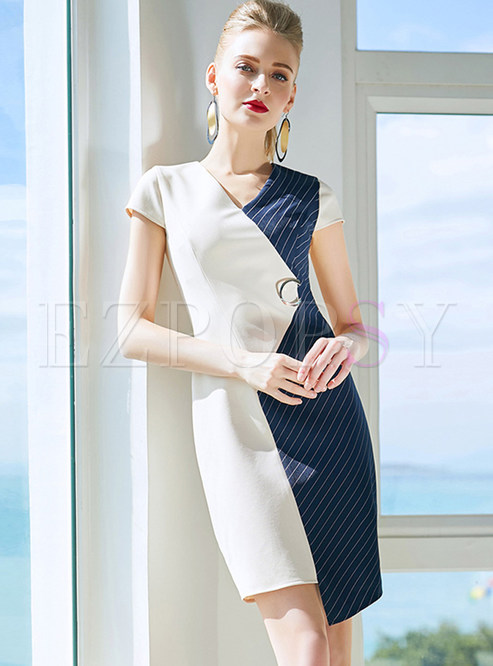 Contrast Color V-neck Asymmetric Splicing Bodycon Dress
