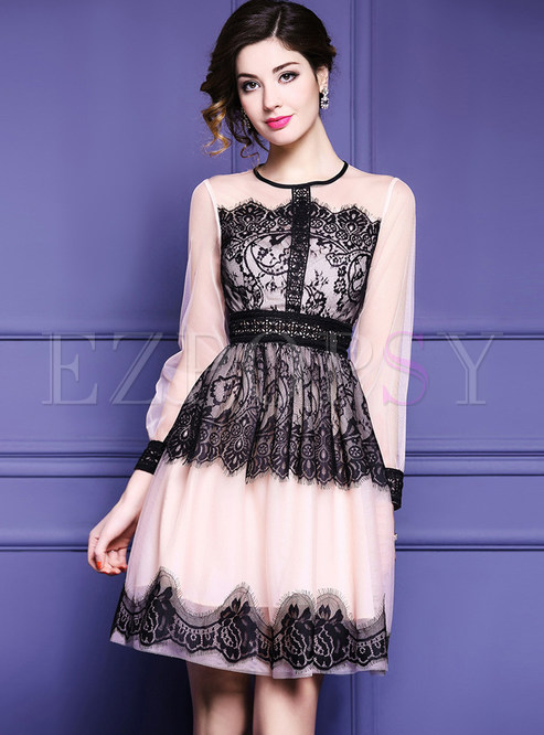 Lace Splicing Elegant High Waist Ball Gown Dress