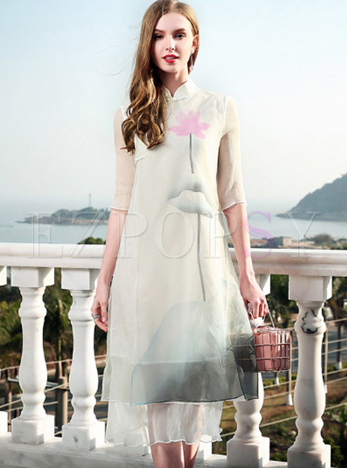 Vintage Silk Hand Print Improved Cheongsam Dress