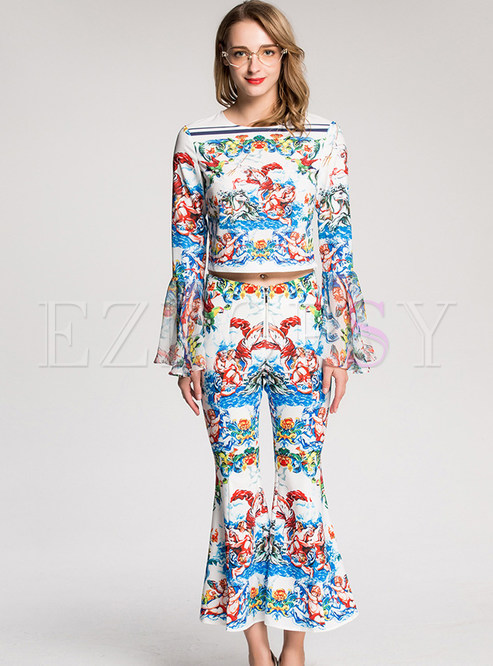 Vintage Floral Print Flare Sleeve Two-piece Outfits