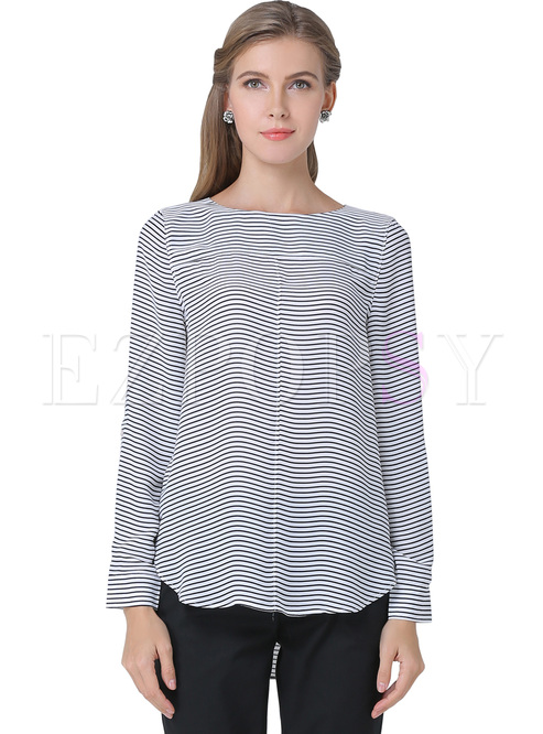 Tops Blouses Blue Striped Asymmetric Hem Chiffon Blouse