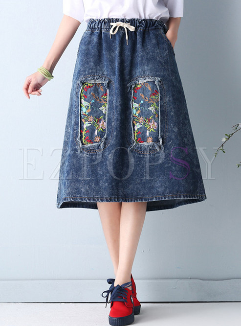 Blue Elastic Waist Embroidered Denim A-line Skirt