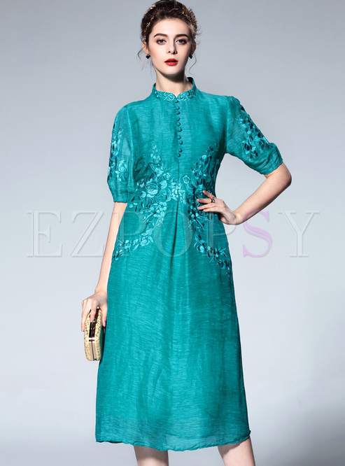 Dresses | Shift Dresses | Blue Embroidery Stand Collar Shift Dress