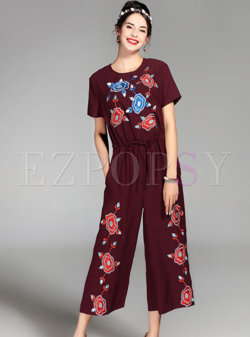 Red Waist Embroidery Wide Leg Jumpsuits