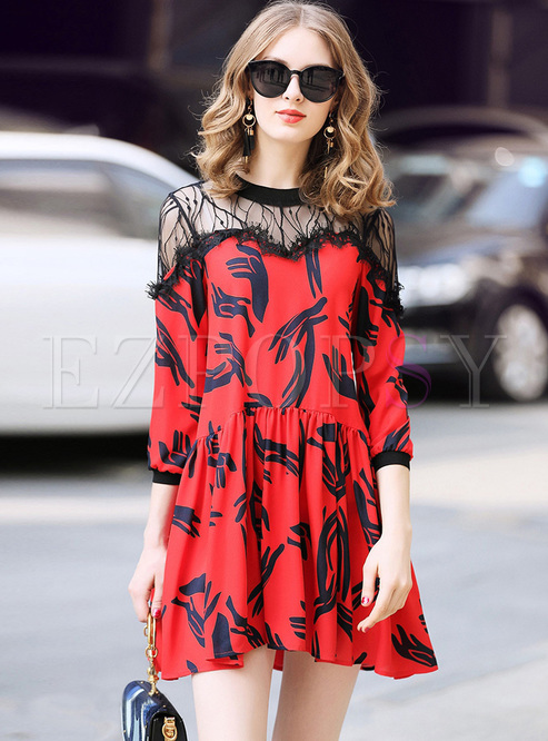Street Print Lace Perspective A-line Dress