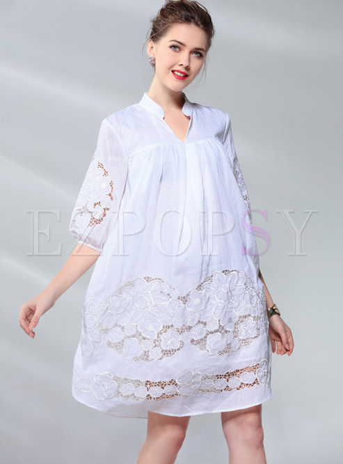 Brief White Lace Hollow Shift Dress