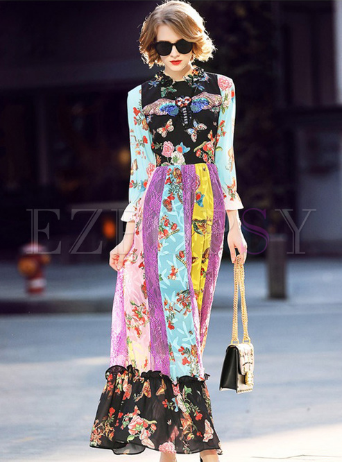 Dresses | Maxi Dresses | Chic Floral Print Falbala Maxi Dress
