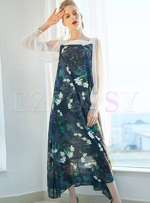 Floral Print Loose Maxi Dress With Underskirt