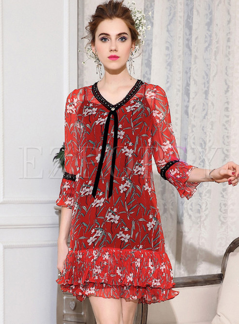 Red Floral Print V-neck Shift Dress With Underskirt