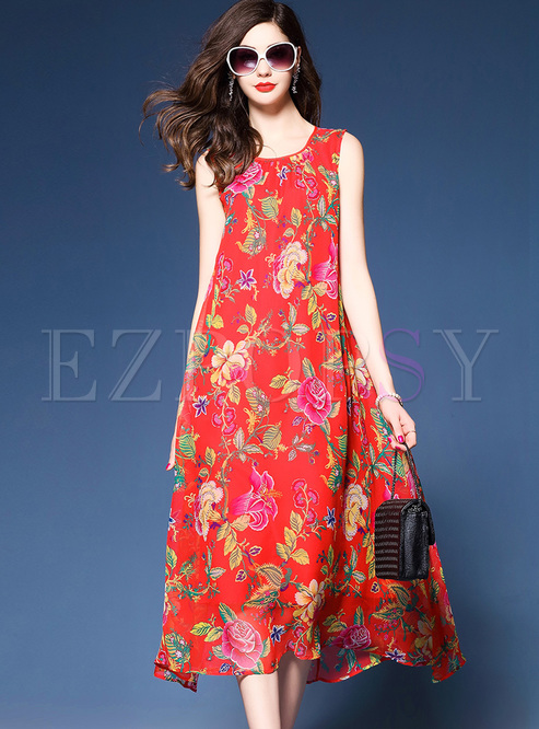 Red Floral Print Sleeveless Shift Dress