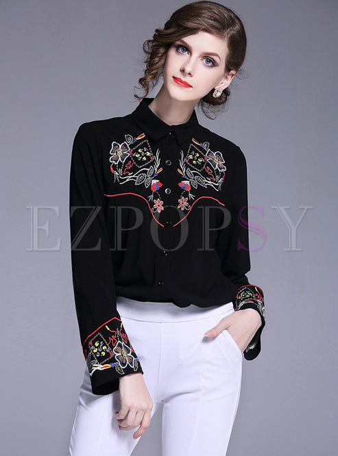 Ethnic Embroidery Stand Collar Blouse