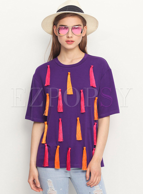 Purple Tassel Loose T-shirt
