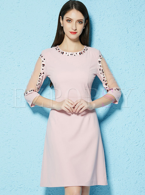 Pink Mesh Flower Embroidered A-line Dress
