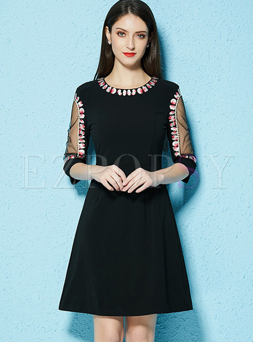 Black Embroidered Three Quarters Sleeve A-line Dress
