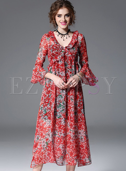 Red Flare Sleeve Stringy Selvedge Chiffon Dress With Underskirt