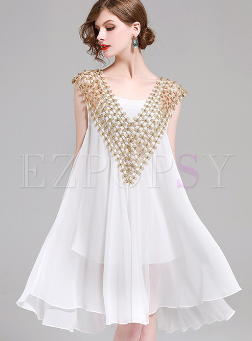 White Splicing Sleeveless Shift Dress With Underskirt