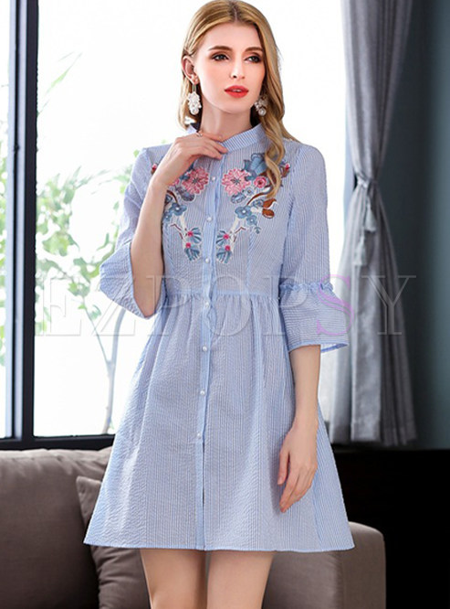 Blue Striped Embroidered Stand Collar A-line Dress