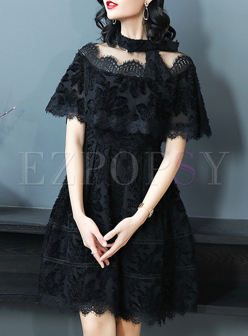 Black Elegant Lace Capesplicing A-line Dress