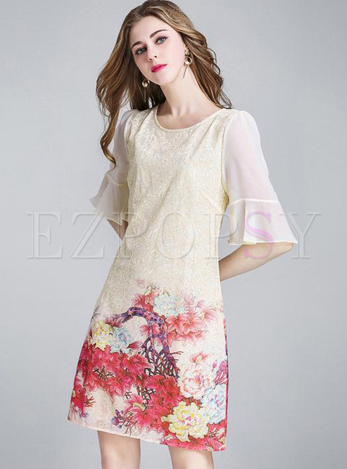 Floral Print Flare Sleeve A-line Dress
