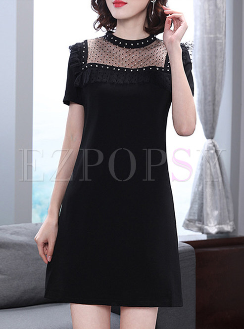 Black See Through Short Sleeve A-line Dress
