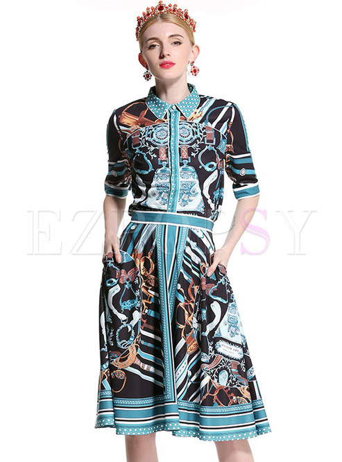 Ethnic Print Lapel Half Sleeve Two-piece Outfits