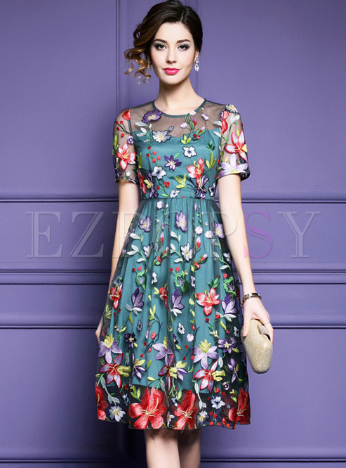 Dresses | Skater Dresses | Green Mesh Embroidered Short Sleeve A Line Dress
