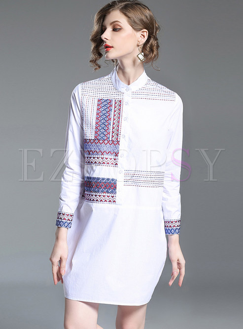 Casual Embroidered Stand Collar Shirt Dress