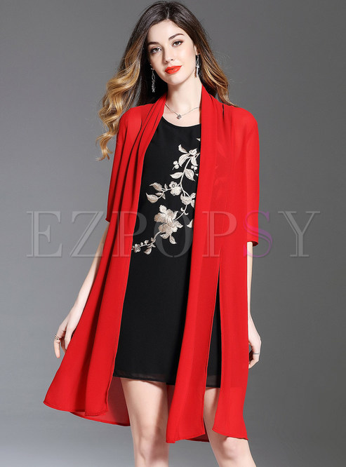 Red Loose Slit Perspective Coat