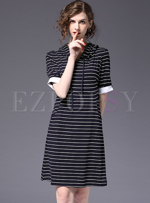 Casual Striped Hooded Loose Shift Dress