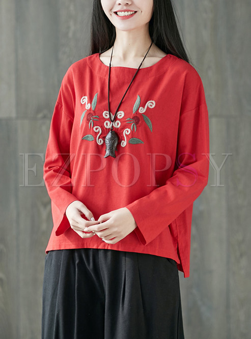 Red Ethnic Embroidered Loose T-shirt