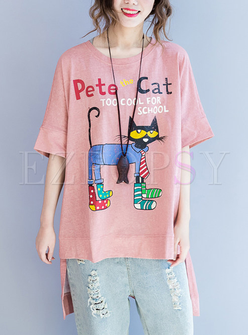 Pink Cute Animal Design Print T-shirt
