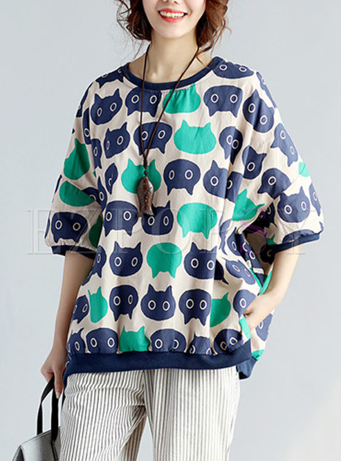 Cute Color-Blocked Print Half Sleeve T-shirt