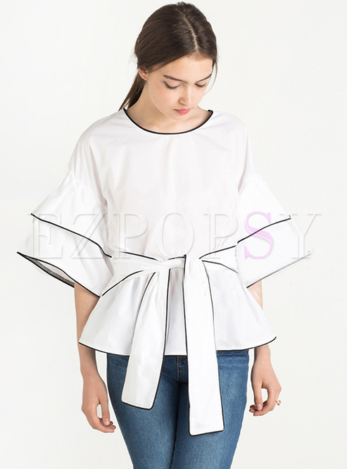White Belted Flare Sleeve Top