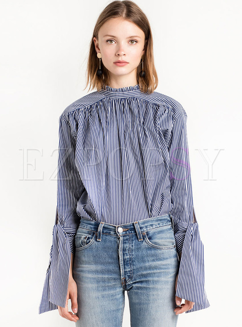 Chic Vertical Striped Tied-sleeve Blouse