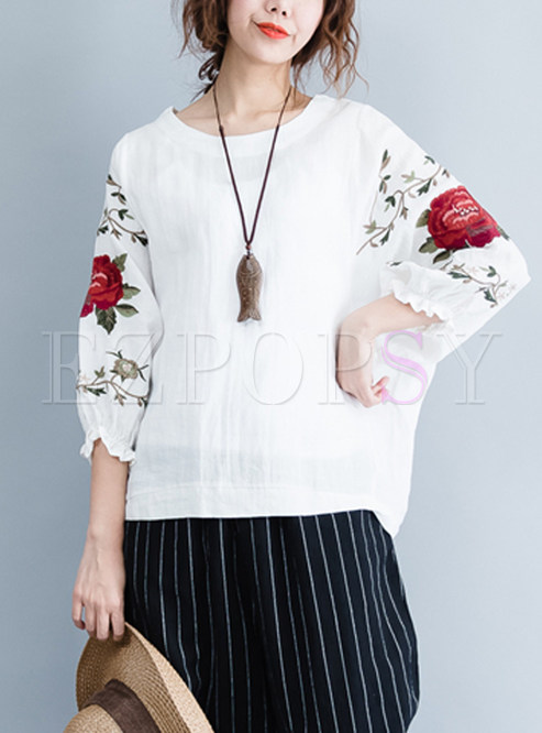 Tops | T-shirts | White Stylish Embroidered Loose T-shirt
