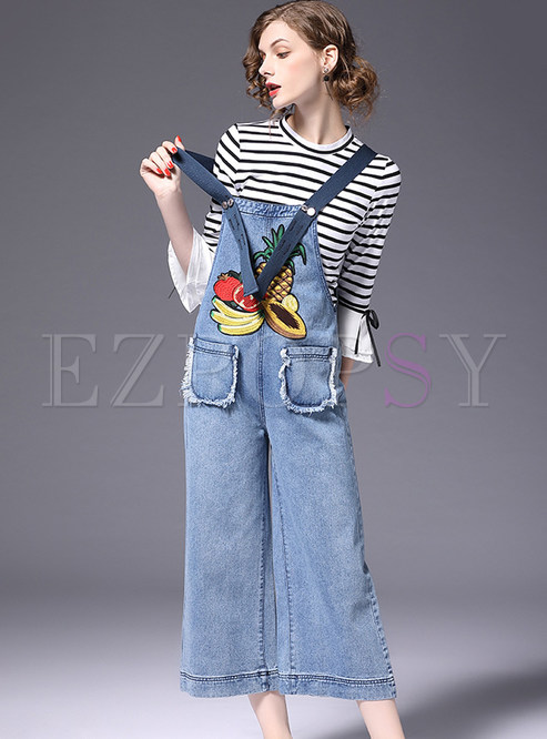 Striped Flare Sleeve T-shirt & Blue Straight Overalls
