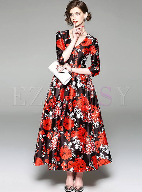 Dresses | Maxi Dresses | Vintage Flower Print V-neck Maxi Dress