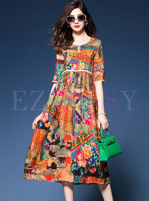 Dresses | Skater Dresses | Chic Floral Print High Waist A-line Dress