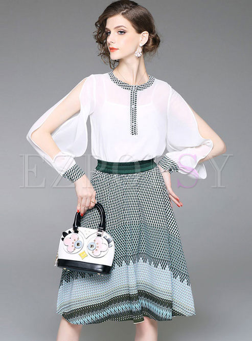 Perspective Chiffon Top & Striped Striped Skirt with Tanks